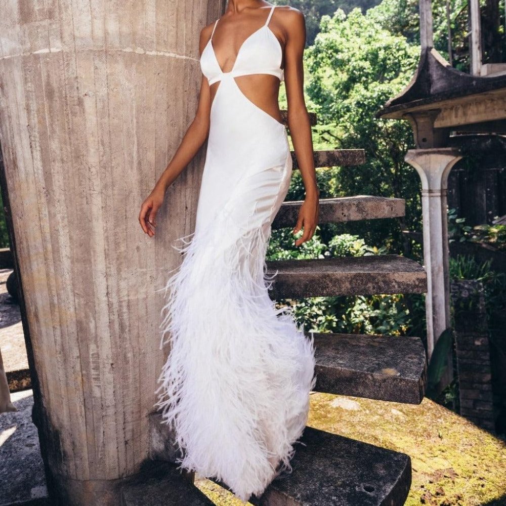 USED Cult Gaia White Feather Maxi Dress
